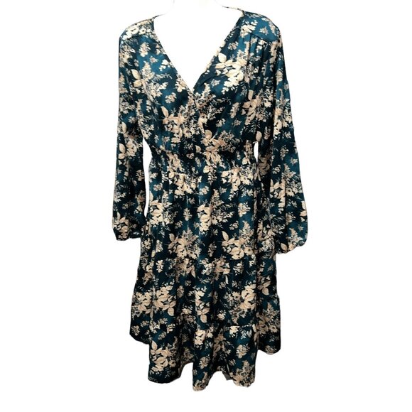 BloomChic Floral V Neck Long Lantern Sleeve Smocked Waist Mini Dress Sz 12 (Larg - Picture 2 of 16